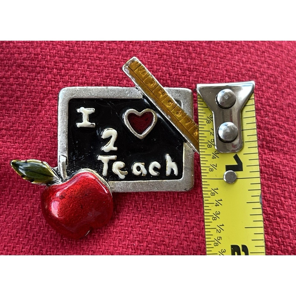 Vintage Lucite Over Enamel "I Love To Teach" Brooch Pin w/Apple Blackboard Ruler - Picture 3 of 4